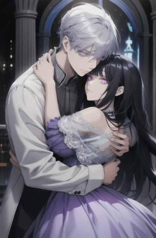 Woman with black hair and violet eyes, light blue dress, hugs a man with silver hair, high quality, highly detailed, detailed face
