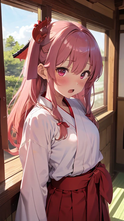 masterpiece、highest quality、Very detailed、8k CG、
Photograph the upper body、1 female、(Put your arms behind your back:1.2)、Are standing、Turn your body forward、View your viewers、(Shrine maiden、Red Hakama)、blush、shy、(trembling:1.2)、Pink Hair、Open your mouth、shrine、night、