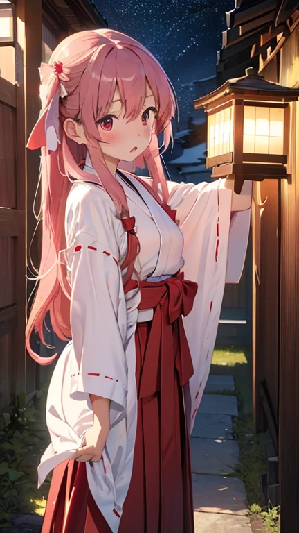 masterpiece、highest quality、Very detailed、8k CG、
Photograph the upper body、1 female、(Put your arms behind your back:1.2)、Are standing、Turn your body forward、View your viewers、(Shrine maiden、Red Hakama)、blush、shy、(trembling:1.2)、Pink Hair、Open your mouth、shrine、night、