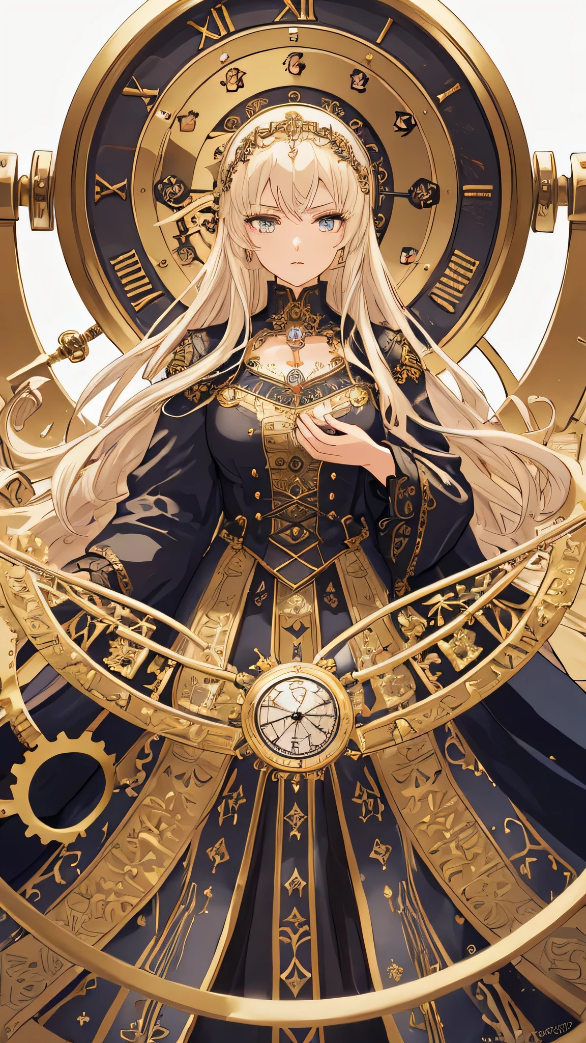 Masterpiece, top quality, 8k, super detailed, Create an 8k resolution anime-style illustration that is a masterpiece of detail and grandeur, showcasing a beautiful young girl as the Keeper of Time, perched atop an ancient clock tower. Behind her, immense clockwork gears turn with a quiet, methodical grace, a testament to the relentless march of time that she oversees.

Her attire reflects her role, incorporating elements of the clock tower's design—cogs, hands, and Roman numerals—into a costume that is both timeless and intricately detailed. In her hand, she holds a key that has the power to reverse the flow of time, its design as elaborate as the gears that surround her.

The background should feature the expansive view from the top of the clock tower, overlooking a landscape that suggests the passage of centuries. The girl's gaze is focused and knowing, her eyes reflecting the endless cycle of hours and minutes she commands. The illustration captures the essence of time itself, with the Keeper poised between the past and future, a solitary figure against the backdrop of eternity.