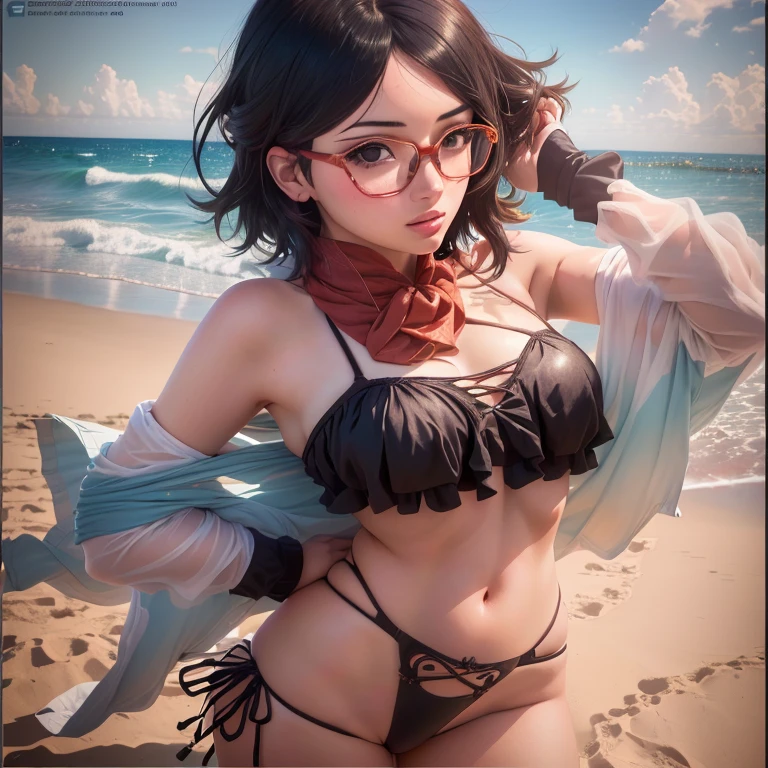 anime girl with glasses and bikini posing on the beach, Garota sedutora de anime, beautiful alluring mulher anime, extremely detailed artegerm, trending artegerm, alena aenami and artegerm, even model | artegerm, beautiful mulher anime, mulher anime, style artegerm, range murata and artegerm