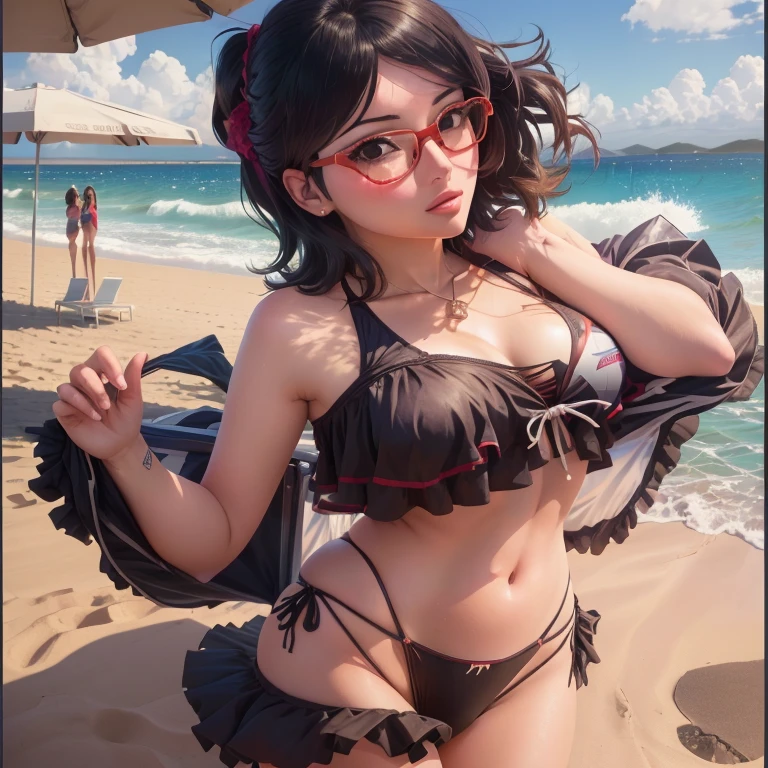 anime girl with glasses and bikini posing on the beach, Garota sedutora de anime, beautiful alluring mulher anime, extremely detailed artegerm, trending artegerm, alena aenami and artegerm, even model | artegerm, beautiful mulher anime, mulher anime, style artegerm, range murata and artegerm