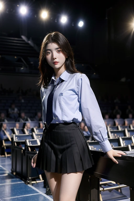 (Practical), (Surrealism),best quality, masterpiece,Ultra-high resolution, (photoPractical:1.4),1 Girl,(Looking at the audience:2), school hall, Dynamic poses,
Flared pleated skirt, Collared shirt, tie,
Cowboy shooting,