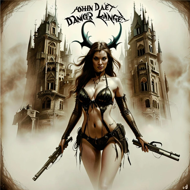 DANGER LAND - original motion picture soundtrack, horror film, A beautiful woman in the center stands in a full-body pose in a sexy bikini costume holding a gun, In the background is a spooky old castle in the moonlight、Spooky atmosphere、soundtrack jacket、Digitally Remastered, Kinematics」, John Maggs, Roy Dargano, Movie Posters, Album cover, 1 9 7 0 sMovie Posters, Oil painting