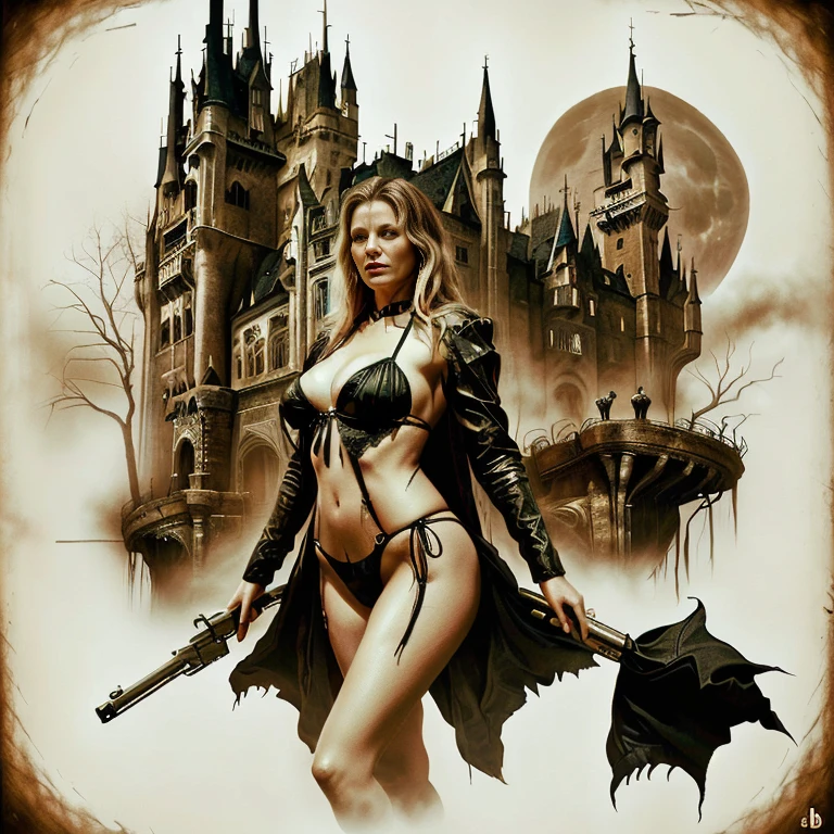 DANGER LAND - original motion picture soundtrack, horror film, A beautiful woman in the center stands in a full-body pose in a sexy bikini costume holding a gun, In the background is a spooky old castle in the moonlight、Spooky atmosphere、soundtrack jacket、Digitally Remastered, Kinematics」, John Maggs, Roy Dargano, Movie Posters, Album cover, 1 9 7 0 sMovie Posters, Oil painting