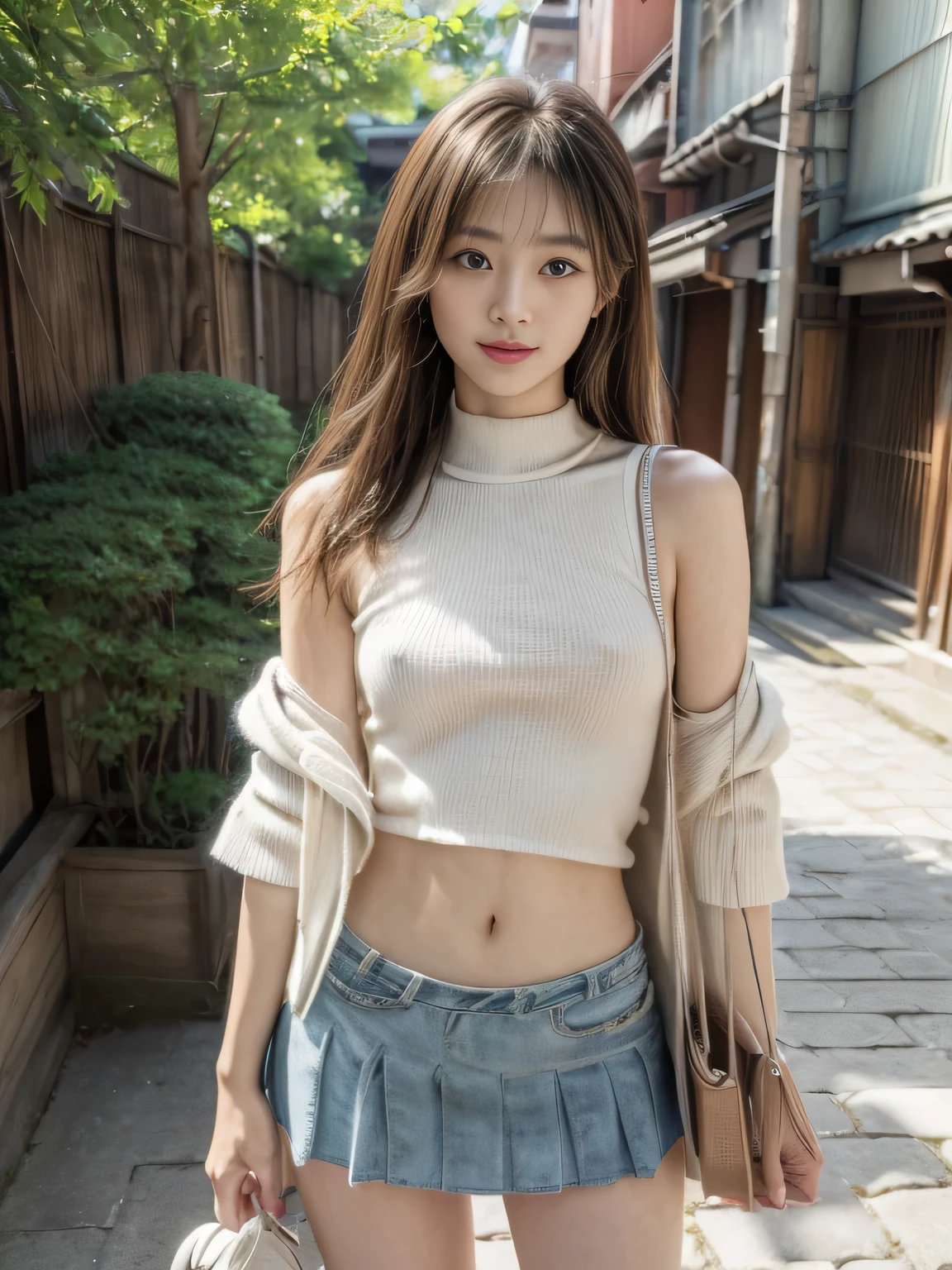 masterpiece、8K、32K、top-quality、(A detailed eye)、(A cute Japanese woman、bangss)、23years old、1 girl in、elegent、(Detailed background depiction、portlate:1.2)、Tank Tops、(a miniskirt:1.3)、Japan alley、is standing、Sunlight、during daytime、ssmile、cowboy shot(braless:1.3),
