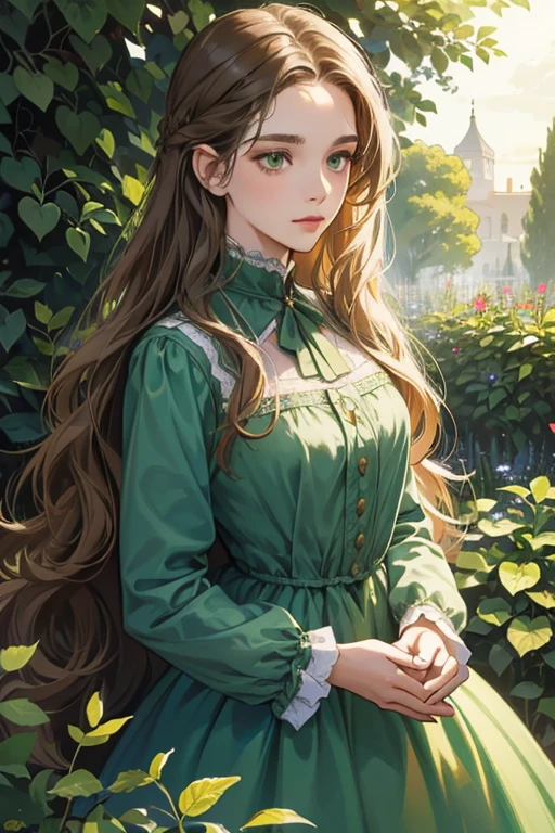 a digital painting of a woman with long brown wavy hair, green eyes, a young noble woman from the 1800's , soft features, navy blue dress, in a garden, portrait style