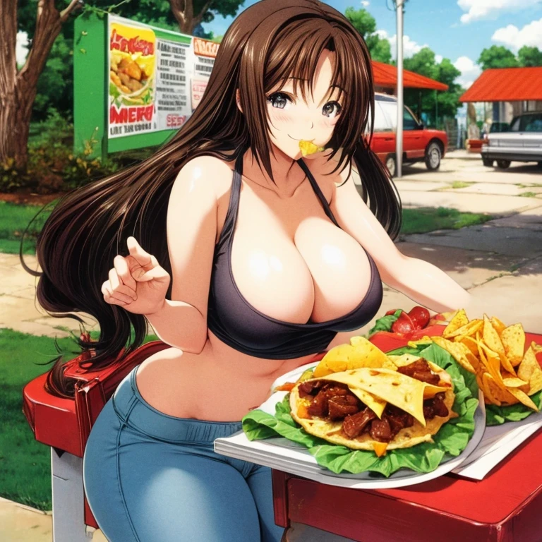 Change her outfit to a tight tank top and tight hot pants
