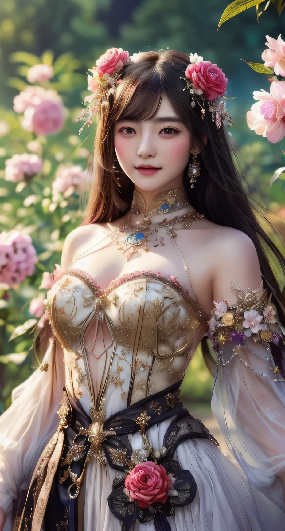 korean girl in a dress with flowers in her hair, a beautiful fantasy empress, beautiful face, beautiful maiden, beautiful and elegant elf queen, beautiful fantasy maiden, ((a beautiful fantasy empress)), fantasy outfit, fantasy beautiful, fantasy art style, very beautiful elven top model, beautiful elven princess, fantasy woman, beautiful goddess, ethereal beauty, hyperdetailed fantasy character