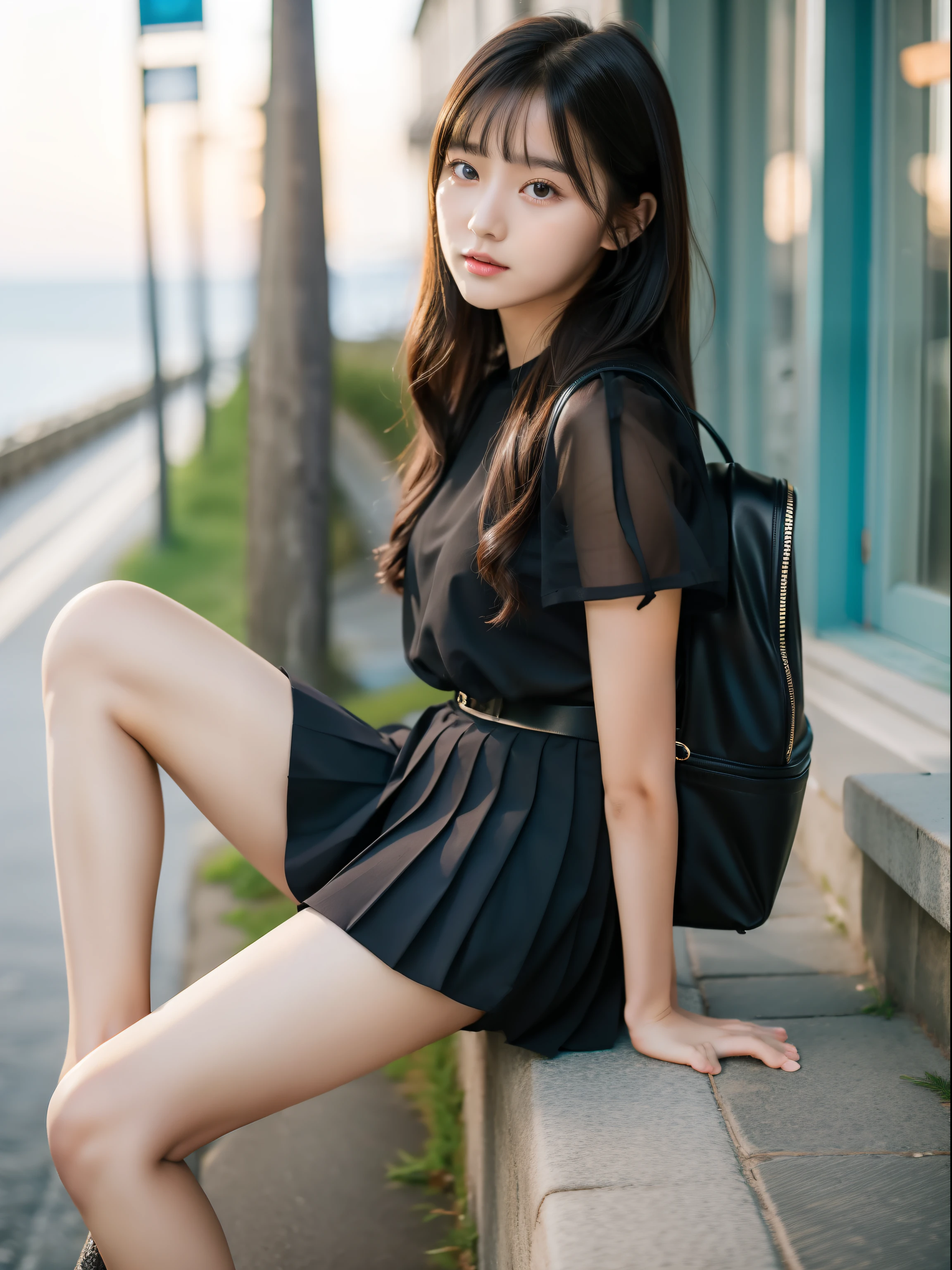 highest quality，knees，Cobblestones by the sea，Backpack，Black-haired，Pleated mini skirt，Black sheer short-sleeved blouse，(12-year-old girl)