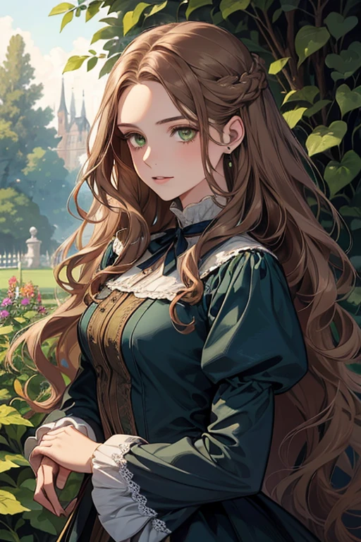 a digital painting of a woman with long brown wavy hair, green eyes, a young noble woman from the 1800's , soft features, navy blue dress, in a garden, portrait style