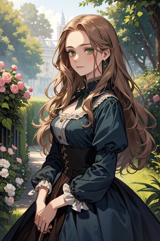 a digital painting of a woman with long brown wavy hair, green eyes, a young noble woman from the 1800's , soft features, navy blue dress, in a garden, portrait style