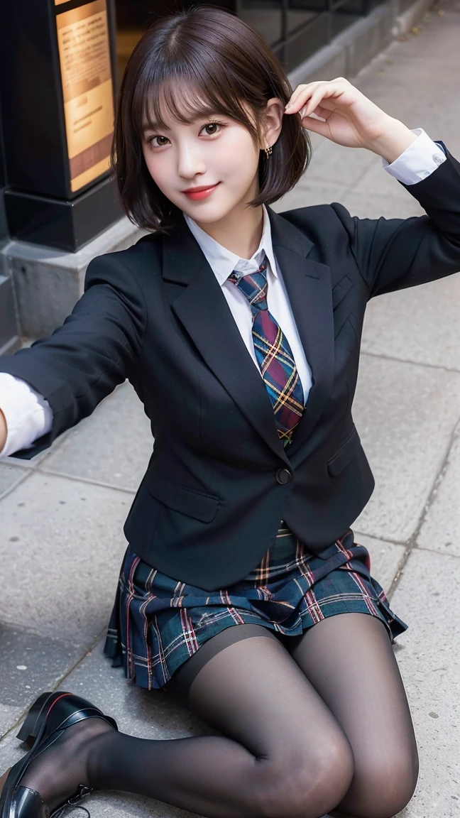 8k), (best quality: 1.2), (Practical), (Practical: 1.37), Ultra-high resolution, (1 girl), Lovely, Shy smile, mouth close,Blushing with shame, Beautiful details, Beautiful nose, Black Short Bob Hairstyle, Bangs,Giant Dulce de Sel, pork, thigh,Selfie,University,a simple blazer,Pleated Skirt,(The pattern of the skirt and tie is a Scottish tartan pattern.....:1.3),(sitting:1), sitting on the ground in the city at night,(Hug my feet:1), Shiny pantyhose,(from the side),from above,bring your face closer