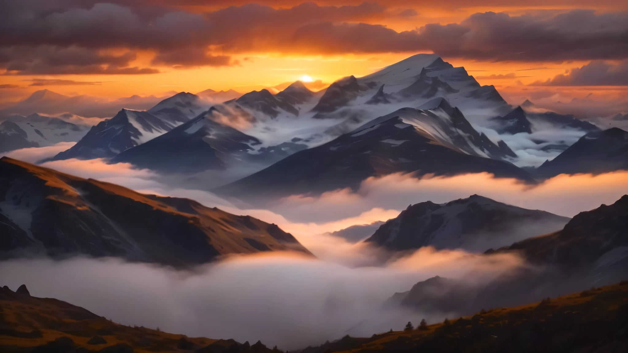 mountains covered in clouds and fog at sunset with a sky background, ryan dyar, marc adamus, epic sunrise, max rive, trending on 500px, trending on 5 0 0 px, alps, epic mountains, mountain sunrise, peaks, breathtaking mountains, an amazing landscape image, heaven in the top, misty mountains, epic sunset, 5 0 0 px