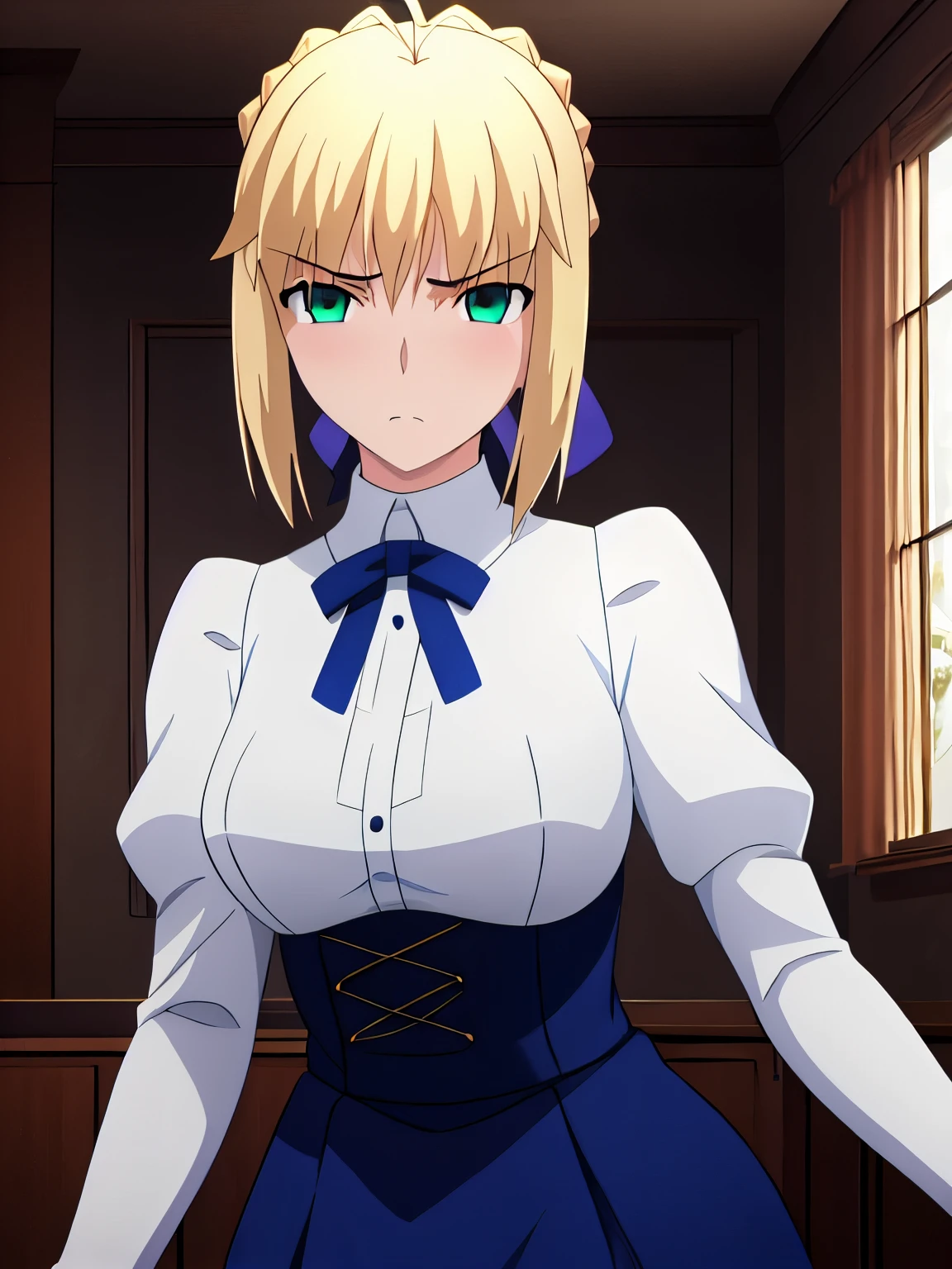 best quality, masterpiece, highres, ray_tracing_graphic, solo, adult_female, {saber_fatestaynightufotable:1.15}, blonde_hair, little_ahoge, green_eyes, blue_ribbon, 1girl, anime_coloring, upper_body, tsundere_face, five_fingers, blush, large_breasts, blue_official_clothes, from_the_front, stand, bedroom, night_time