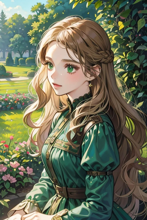 a digital painting of a woman with long brown wavy hair, green eyes, a young noble woman from the 1800's , soft features, navy blue dress, in a garden, portrait style
