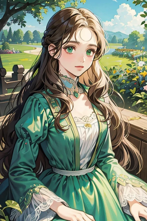 a digital painting of a woman with long brown wavy hair, green eyes, a young noble woman from the 1800's , soft features, navy blue dress, in a garden, portrait style