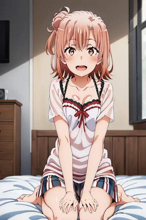 ((highest quality)), ((masterpiece)), (be familiar with), Perfect Face, indoor, Bedroom, Watching the audience,
One woman, Yuigahama Yui,
Open Mouth, Ecstatic expression, blush, smile,
Small breasts, Flat Chest, Young Girl, , , Girl,
Short Hair, Salmon-colored hair, Salmon-colored eyes, Side Pony,
Leg spread,