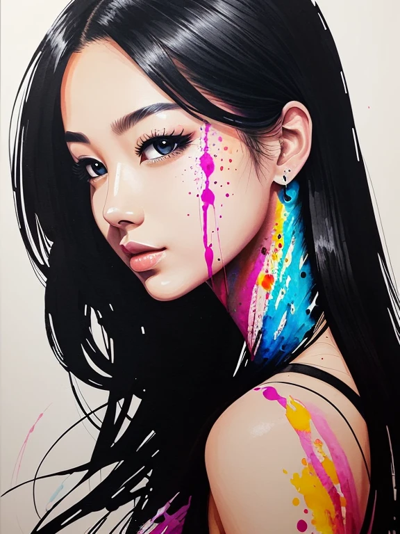 Ink splattering、A painting of a beautiful woman's profile with ink drops falling on her, done with transparent watercolor paints --air 4:5 --s 500