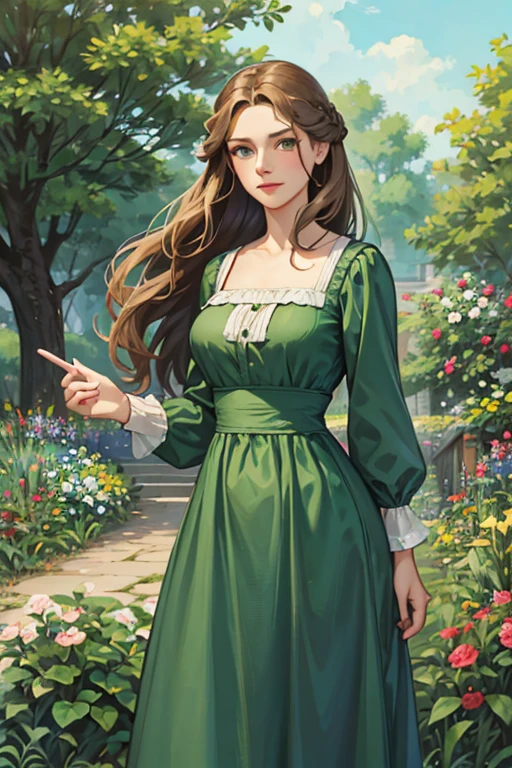 a digital painting of a woman with long brown wavy hair, green eyes, a young noble woman from the 1800's , soft features, navy blue dress, in a garden, portrait style