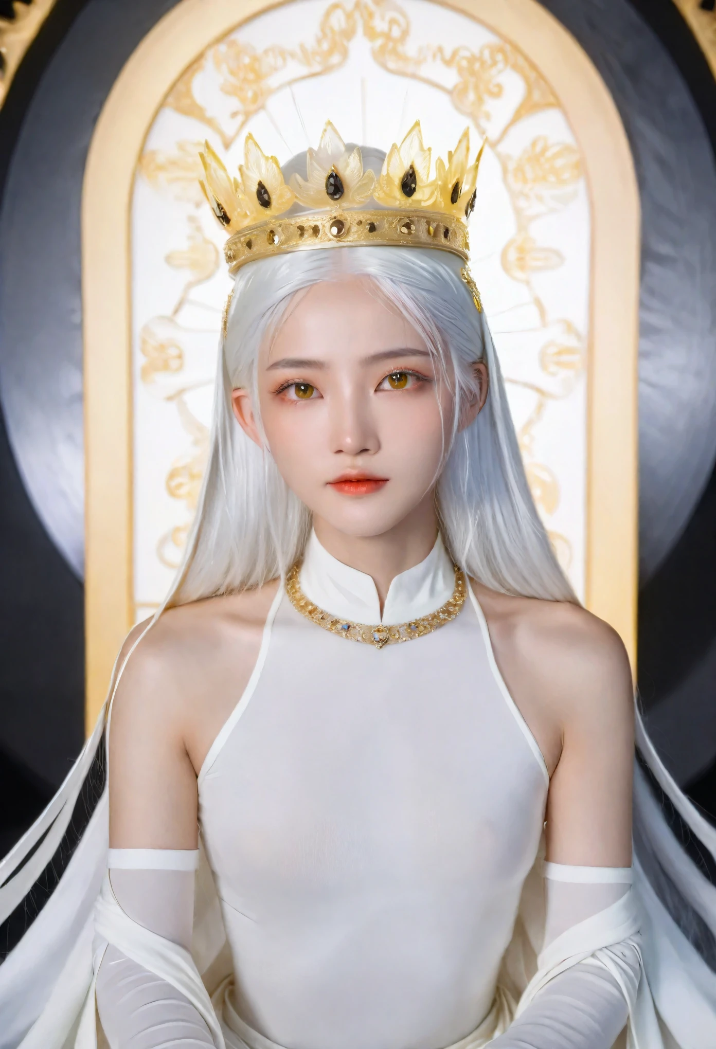 Hyperrealistic art, regal theme, low angle shot, highly detailed and intricate. A solo female with a perfect body, white hair, and glowing yellow eyes, dressed in black see-through clothes with an emperor’s aura. She’s wearing a crown, sitting on a throne, her eyes slightly closed and looking downward with a shy expression. The scene captures her turning her head, highlighting her detailed makeup and the high contrast lighting. The background is illuminated with cinematic light, creating a colorful and extremely delicate atmosphere.
