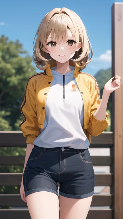 Obra maestra, mejor calidad, high resolution, 1 chica, solo, pelo largo, pelo rubio, doble bien, perforar el cabello, Brown eyes, , pajarita verde, chaqueta de sport, chaqueta amarilla, mangas largas, falda a cuadros, falda verde, de pie, tiro de vaquero, al aire libre, sonrisa,