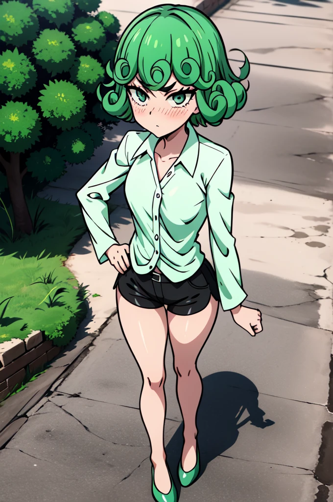 absurdres, highres, ultra detailed, tatsumakitornado, short green hair, curly hair, white shirt, black shorts, outdoors, green eyes ,full body ,looking up at veiwer, blushing ,standing,giving veiwer ice-cream