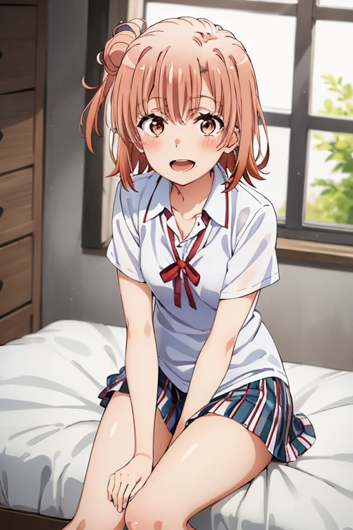 ((highest quality)), ((masterpiece)), (be familiar with), Perfect Face, indoor, Bedroom, Watching the audience,
One woman, Yuigahama Yui,
Open Mouth, Ecstatic expression, blush, smile,
Small breasts, Flat Chest, Young Girl, , , Girl,
Short Hair, Salmon-colored hair, Salmon-colored eyes, Side Pony,
Leg spread,