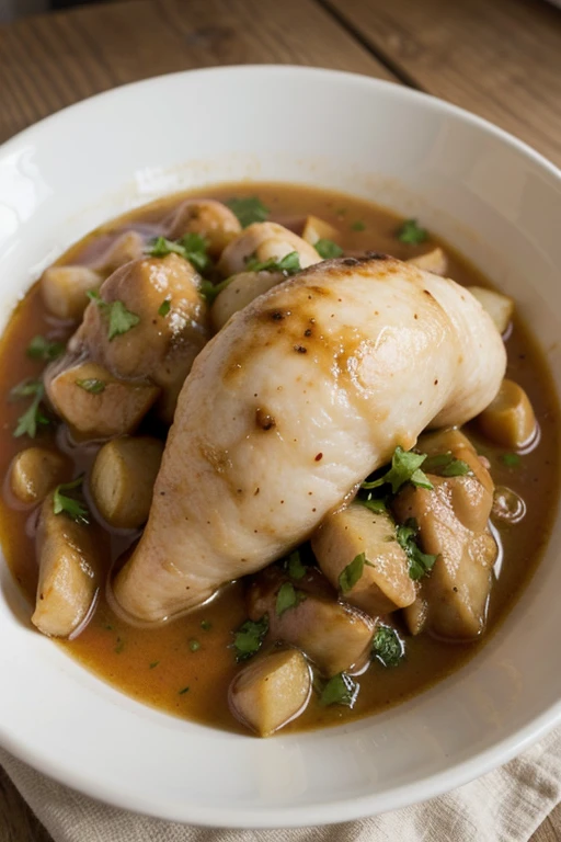 Generame una pata de pollo ( muslo ) en plato ( small portion ) ( papas ) ( foto real ) con ( iso baja ) (un solo pollo ).