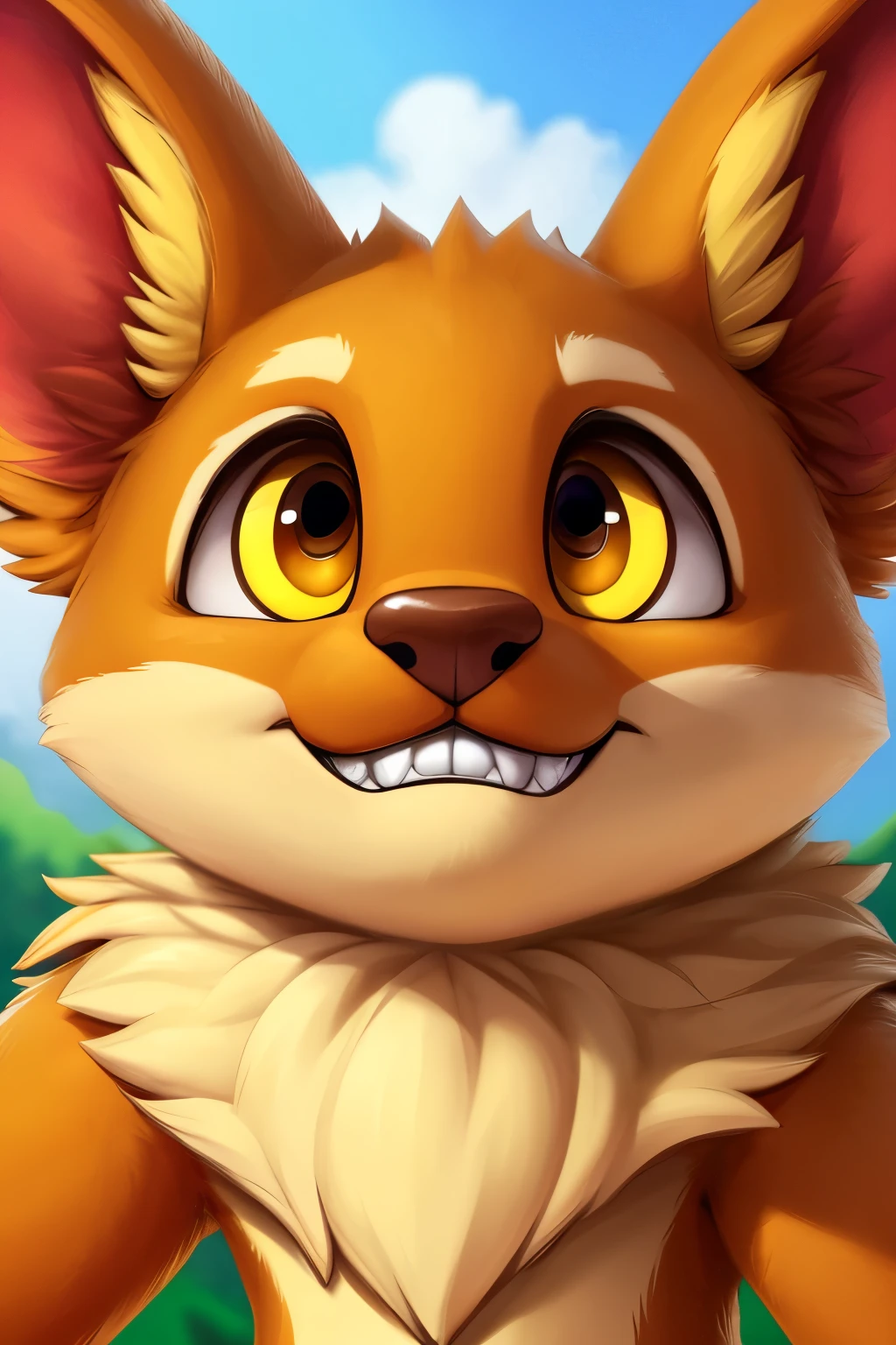 (ultra detailed), a beautiful and intricately designed full size portrait of a playful and adorable lil' woopa, an anthro creature created by tkdrews, with rounded features and a small size – s2. This charming character is showcased in a medium close-up shot, displaying its expressive face and detailed features. Their large, round, expressive eyes are filled with warmth and curiosity, and their snapjaw is slightly open, revealing tiny teeth. Their fur is soft and fluffy, with hues of brown and yellow, and their arms and legs are muscular and agile.

The portrait is rendered in the highest quality, with every detail meticulously