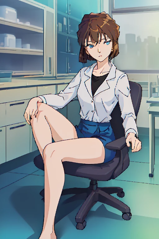 1 Girl, Brown hair,short hair,blue eyes,whole body,laboratory,sitting,, (masterpiece, best quality, high quality, high resolution, Super detailed)