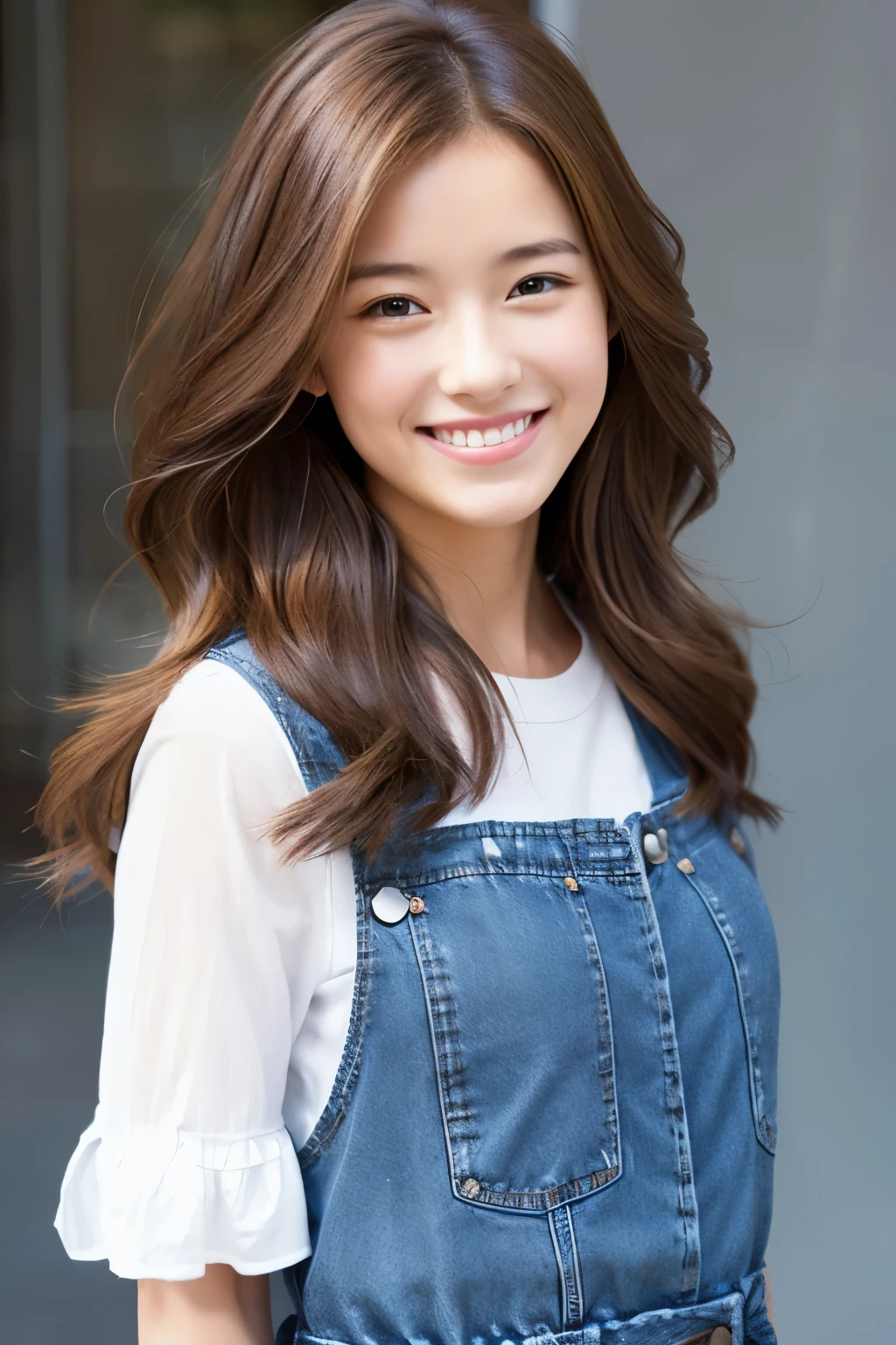 Cute girl model、Her hair is brown.、A smiling face、Standing in jeans