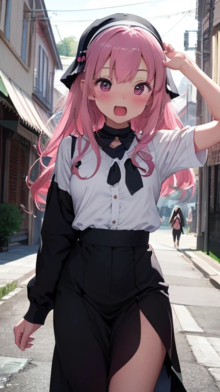masterpiece、highest quality、Very detailed、Photograph the upper body、1 female、(Put your arms behind your back:1.4)、Are standing、Turn your body forward、View your viewers、(Railway worker)、break,blush、shy、Pink Hair、Open your mouth、on the train、Big Breasts、
