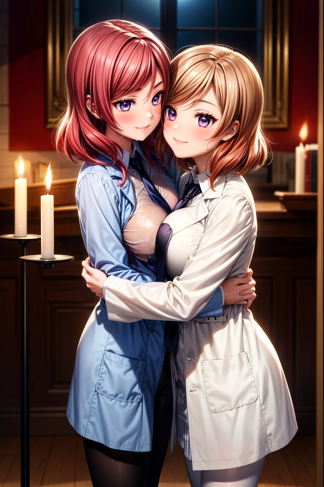 Nishikino maki, Purple eyes, slightly big breasts, bangs,white shirt, short black shorts, dark brown pantyhose, necktie, opened lab coat, standing, dark room lightened by candlelight,wet, slightly smile, blushing, hugging a boy, looking at each other