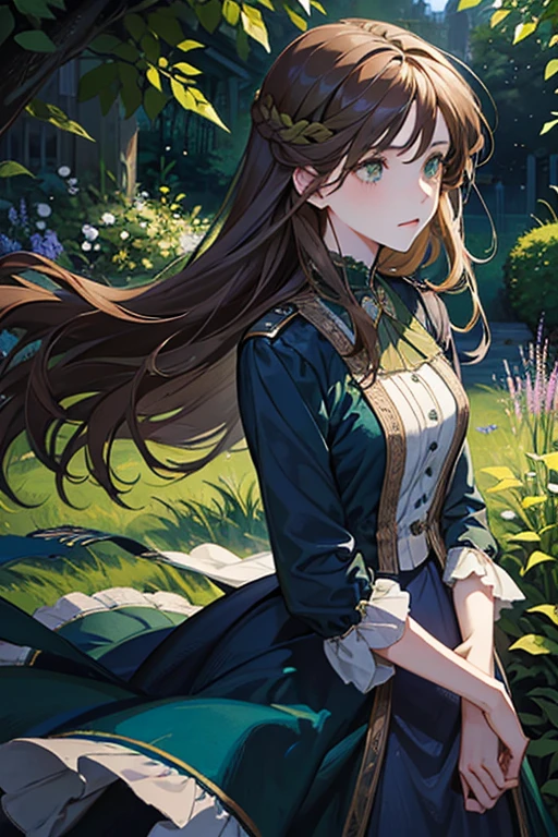 a digital painting of a woman with long brown wavy hair, green eyes, a young noble woman from the 1800's , soft features, navy blue dress, in a garden, portrait style