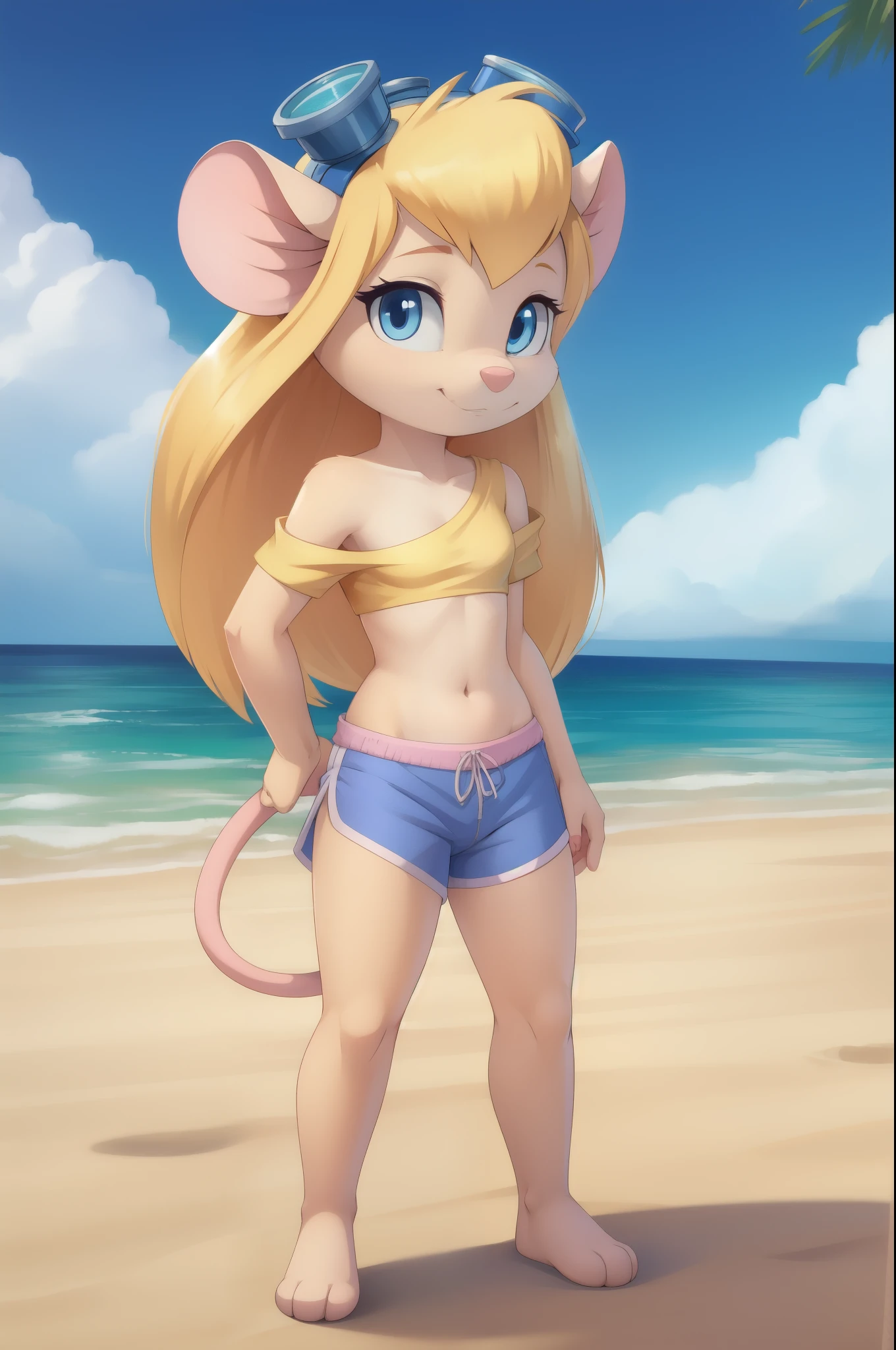 Gadget Hackwrench, young, mouse, blonde hair, long hair, narrowed eyes, blue eyes, pink nose, body fur, small breasts, detailed body fur, detailed face, detailed eyes, glistering body, shiny body, gorgeous body, masterpiece, high quality, ((goggles, yellow shirt, one shoulder, midriff, blue shorts)), full body, feets with three toes, 3 toes, beach, clear sky, skinny, standing, :3,