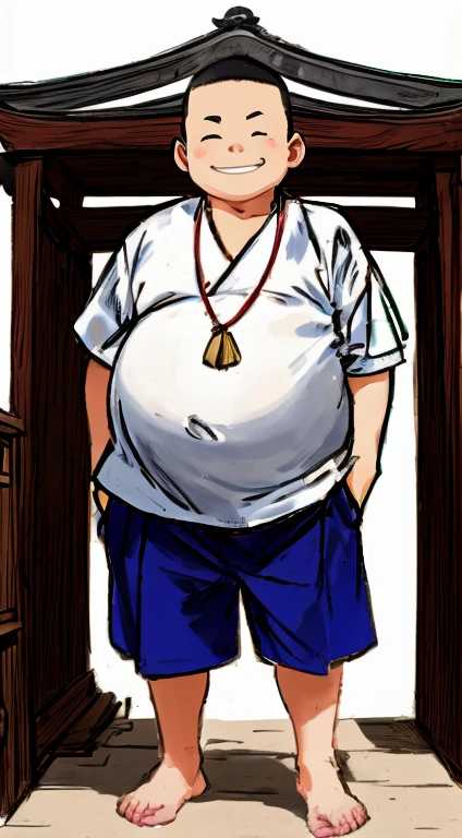 A fat, ugly fifth grade boy with a shaved head is standing there smiling in the shrine's white happi coat and gym shorts.。