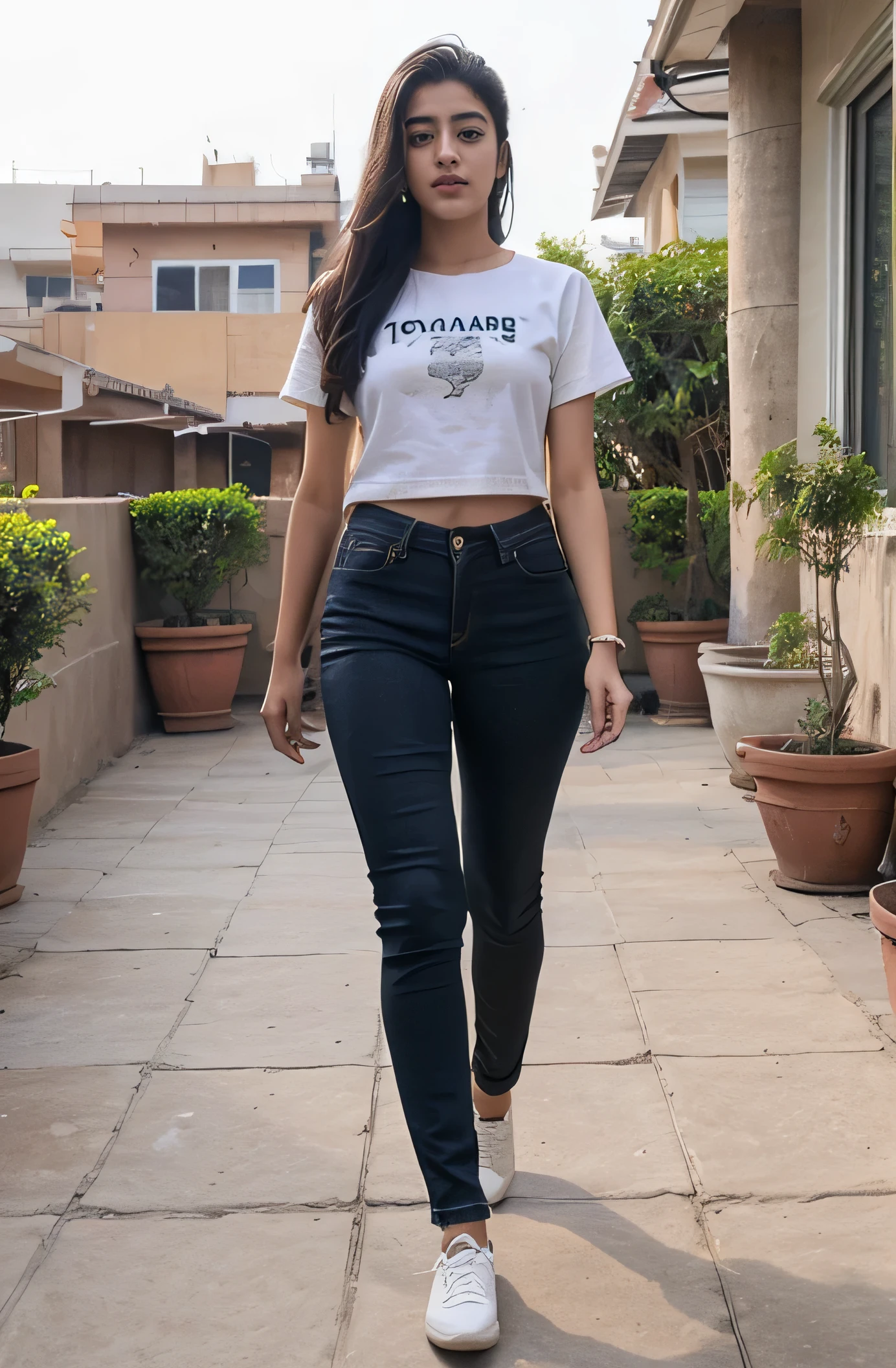 21 yo Indian women Ananya Pandey walking on the terrace of their house , wearing Black color tshirt skinny fit jeans, perfect view perfect anatomy realistic realism