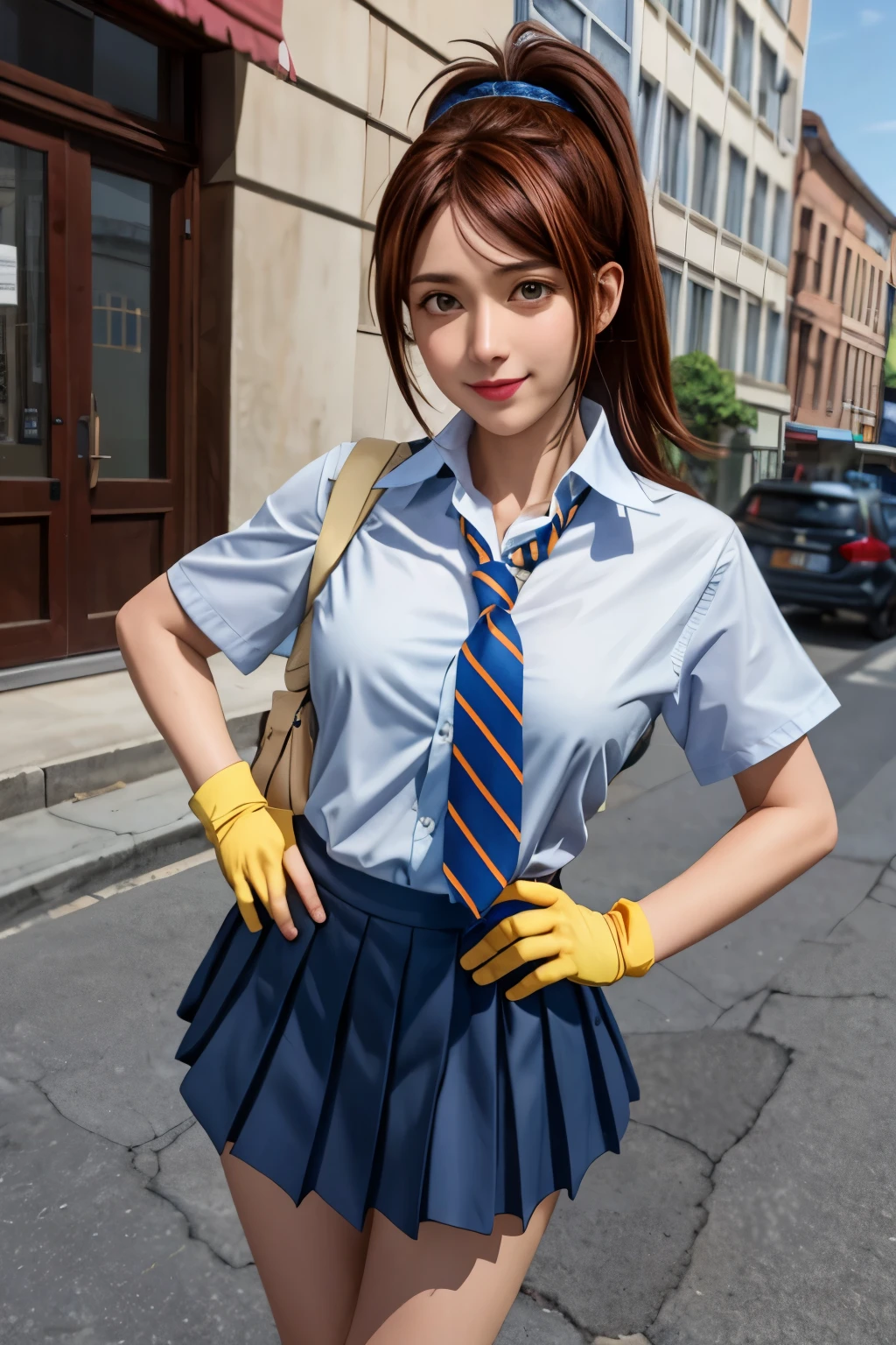 Uzubacho_Mouki, Medium Hair, Brown Hair,Low Ponytail, Hair Scrunchie,Hair Clip, Yellow Eyes, ,Blue tie, Striped tie, Fingerless gloves, Pink gloves, mini skirt, Blue Skirt, Pleated skirt, White shirt, Collared shirt, Short sleeve, sleep earrings, Are standing, View your viewers, Outdoor, smile, Hands on hips, One girl, (masterpiece:1.3), high quality, High resolution, Absurd, alone