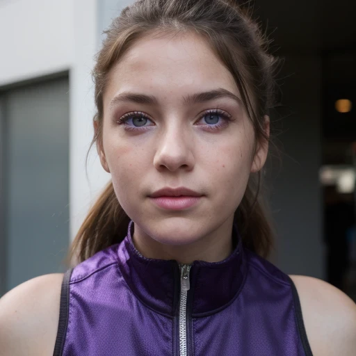 photo of a college student, in Purple Pink, futuristic space suit, (freckles:0.8) cute face, sci-fi, dystopian, detailed eyes, Heterochromia eyes((Side view))
