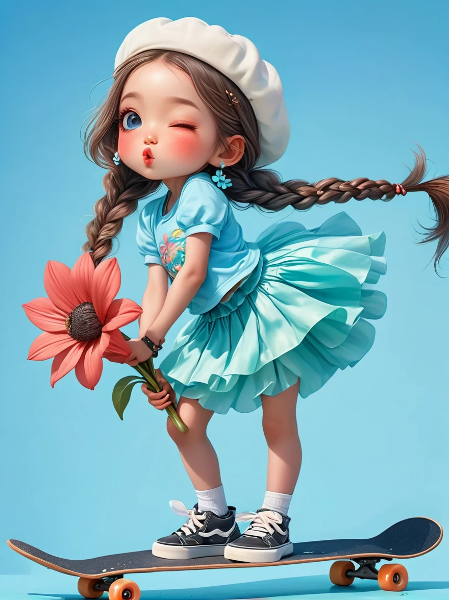Cute little girl with long braids，Kissing in front of the camera，Wearing a skirt，Holding a huge flower，(Close one eye:1.6)，On a skateboard，Light blue background，full body，chibi anime，Surrealism，cartoon Q version, by Tiago Hoisel