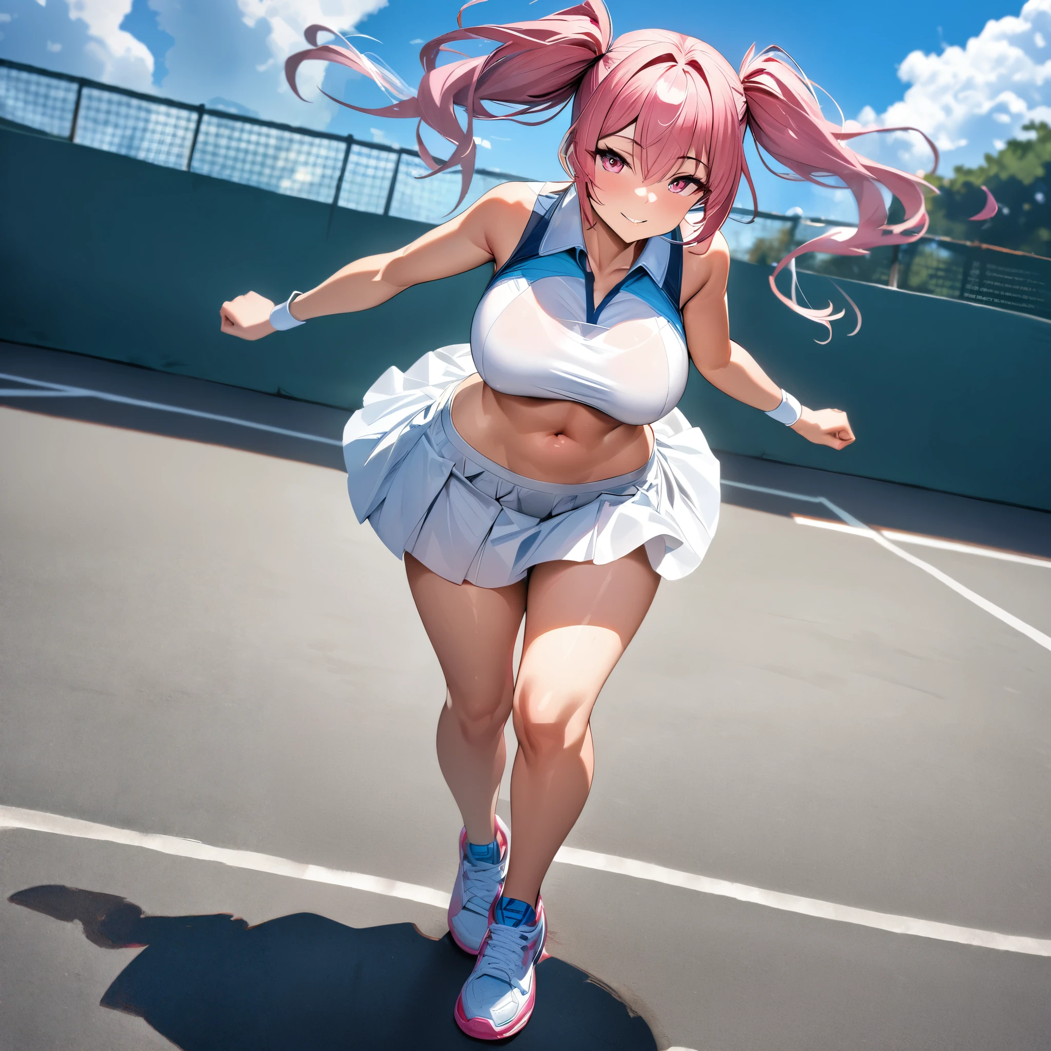 a woman wearing a tennis uniform, exposed abdomen, exposed thigh, white skirt with faint blue details, sports tennis shoes, pigtails, hot pink hair with silver strands, large breasts, pink eyes, smiling, walking on a tennis court, full body, blue sky with clouds,HDR , ultra resolution, sharp, masterpiece, 8K HD (solo woman)
