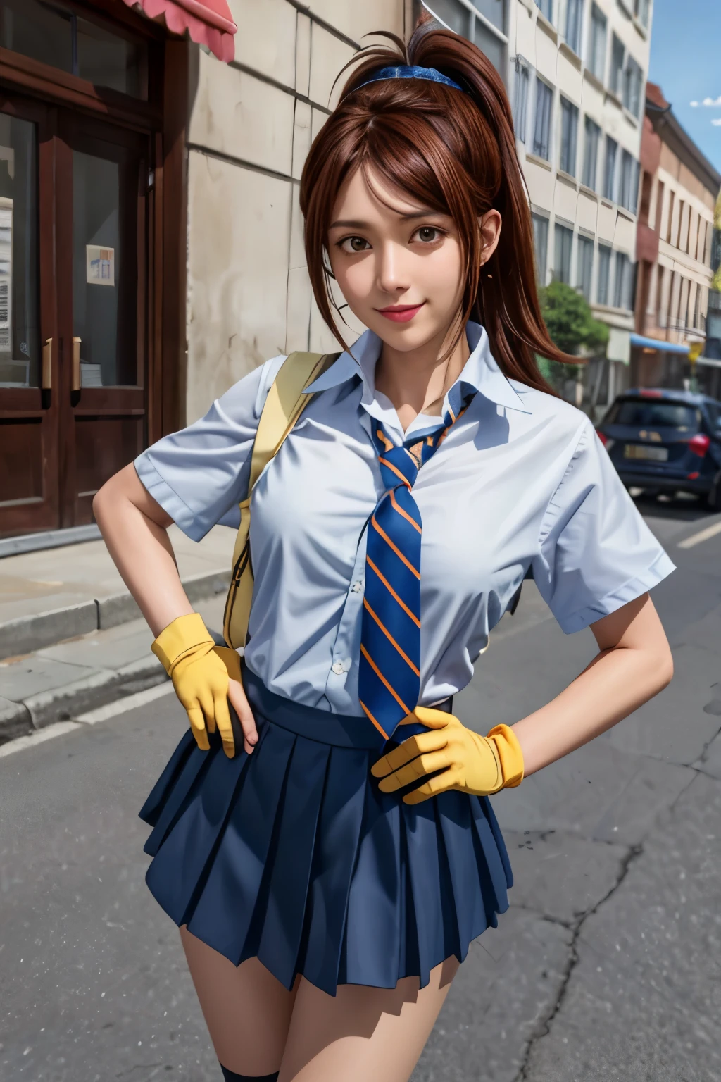 Uzubacho_Mouki, Medium Hair, Brown Hair,Low Ponytail, Hair Scrunchie,Hair Clip, Yellow Eyes, ,Blue tie, Striped tie, Fingerless gloves, Pink gloves, mini skirt, Blue Skirt, Pleated skirt, White shirt, Collared shirt, Short sleeve, sleep earrings, Are standing, View your viewers, Outdoor, smile, Hands on hips, One girl, (masterpiece:1.3), high quality, High resolution, Absurd, alone