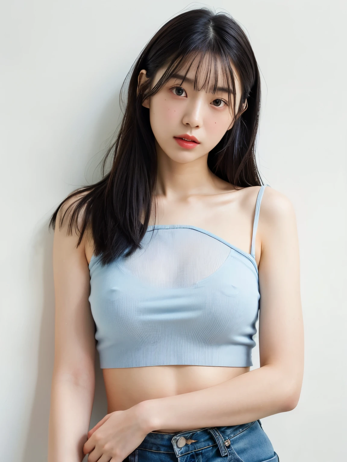 See-through tops、Big Breasts、camisole、(背景にWhite wall、Some of her hair is sky blue:1.4)、White wall、Taken in front of a white door、(窓のあるWhite wallの部屋)、((highest quality、8k、masterpiece:1.3))、Ultra-high resolution、(photoGenuineistic:1.4)、RAW Photos、Japanese,(Detailed aspect)、Genuine、Photographed in natural light、Highly detailed face and skin texture、Highly detailed lips、The correct state of the human body、Medium Hair、Black Hair、Various poses、Natural color lip