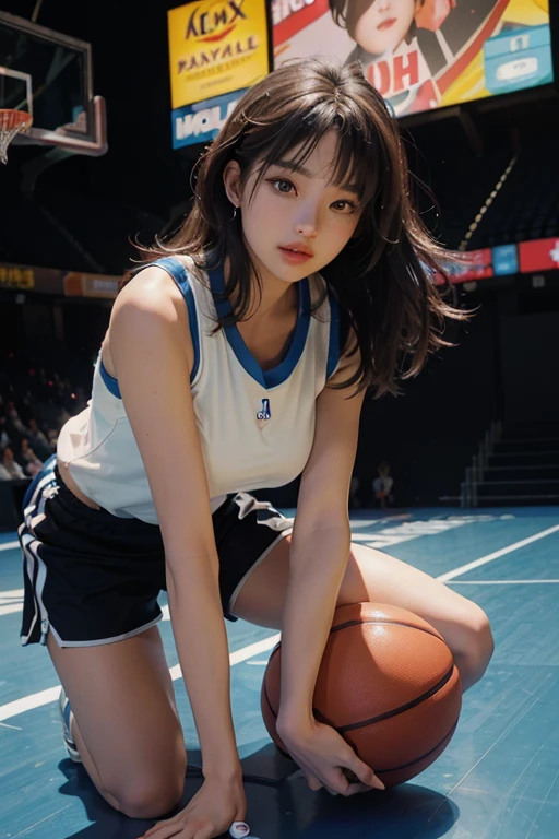 (original photo, 4K, masterpiece, high resolution, Extremely complex) (Practical: 1.4), Movie Lights 1 Girl, Focus only, Summer Noon, Large target, exposed, hot, 1990s\(style\), (best quality), (high resolution), (extremely delicate and beautiful),,(Beautiful 8k face),(Brown eyes),(ulzzang-6500:1.0),(Solitary),(To the side),( audience),(Large Breasts),(NBA),bend over,,lookside,(side), ,(Basketball sportswear),((play basketball)),((Gym)),((speed)),(Reality),