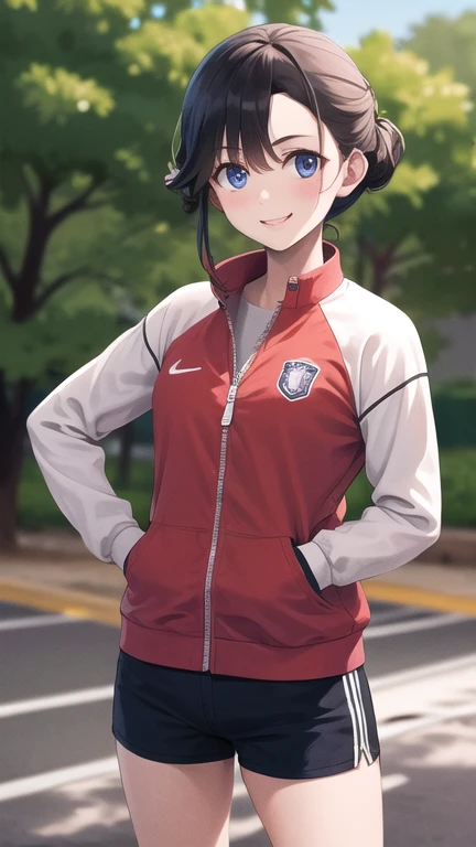 Obra maestra, mejor calidad, high resolution, 1 chica, solo, pelo largo, pelo rubio, Cinta para el pelo, golpes, blue eyes, pajarita azul, camisa de cuello, chaqueta de sport, chaqueta roja, mangas largas, falda plisada, falda blanca, de pie, tiro de vaquero, al aire libre, sonrisa