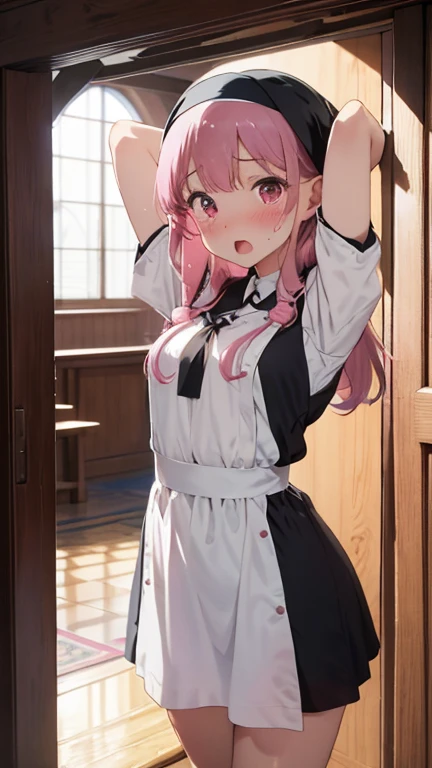 masterpiece、highest quality、Very detailed、Photograph the upper body、1 female、(Put your arms behind your back:1.2)、Are standing、Turn your body forward、View your viewers、(nun uniform)、blush、shy、(trembling:1.2)、Pink Hair、Open your mouth、church、night、