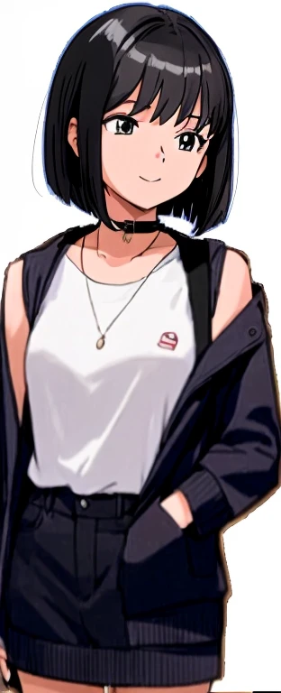 A girl with a bob haircut is standing with a smile。