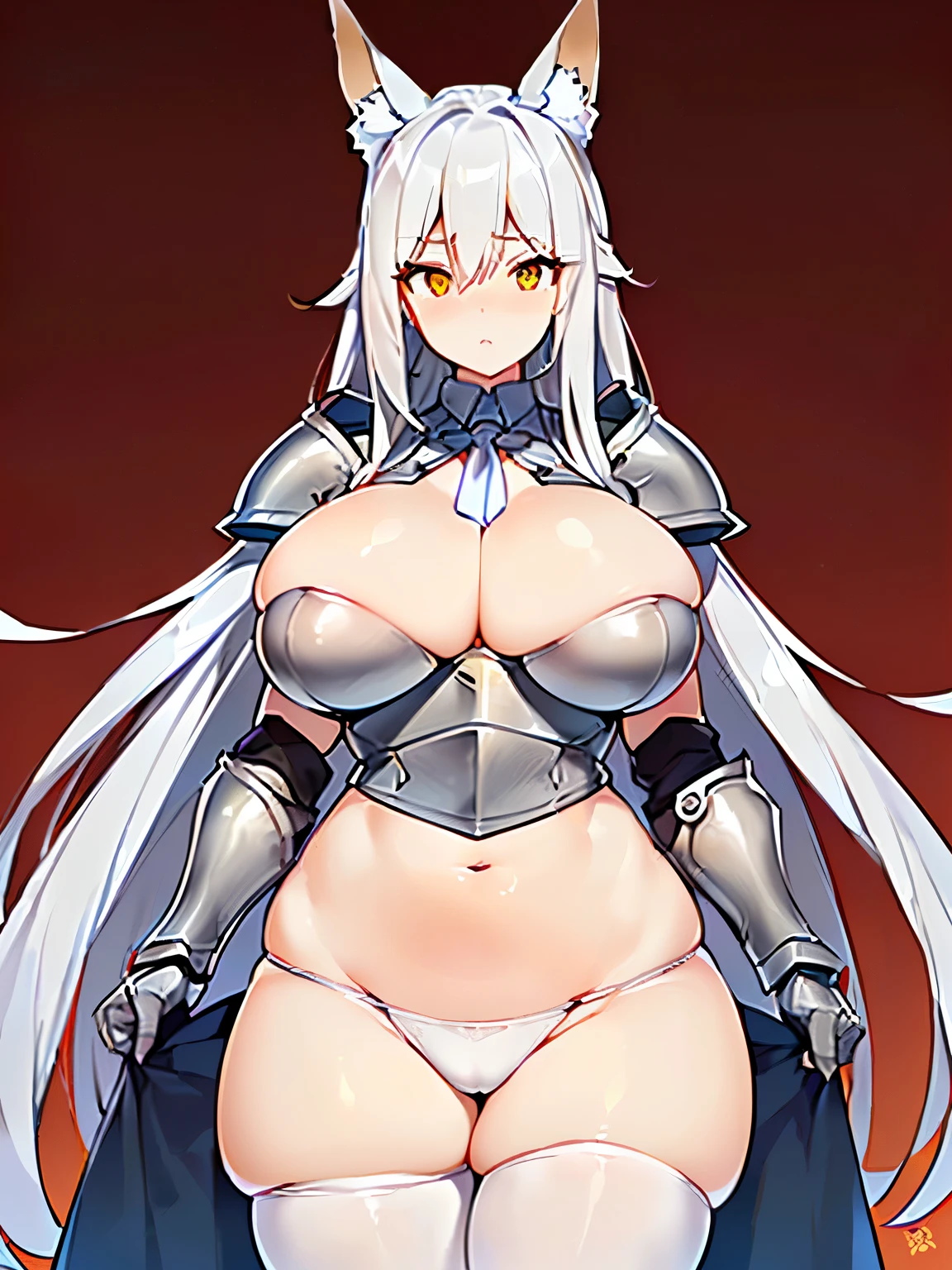 ((Masterpiece, 8k, High quality)),(adult female), (orange/yellow eyes), (((Long gray hair reaching the neck))), (fox ears), ((shy)), Height 166 cm, Weight 50 kg.., Body size 33F-23-35, (((big breasts, Big hips that are wide open))), ((wearing white stockings)), (((Wearing silver knight armor))),