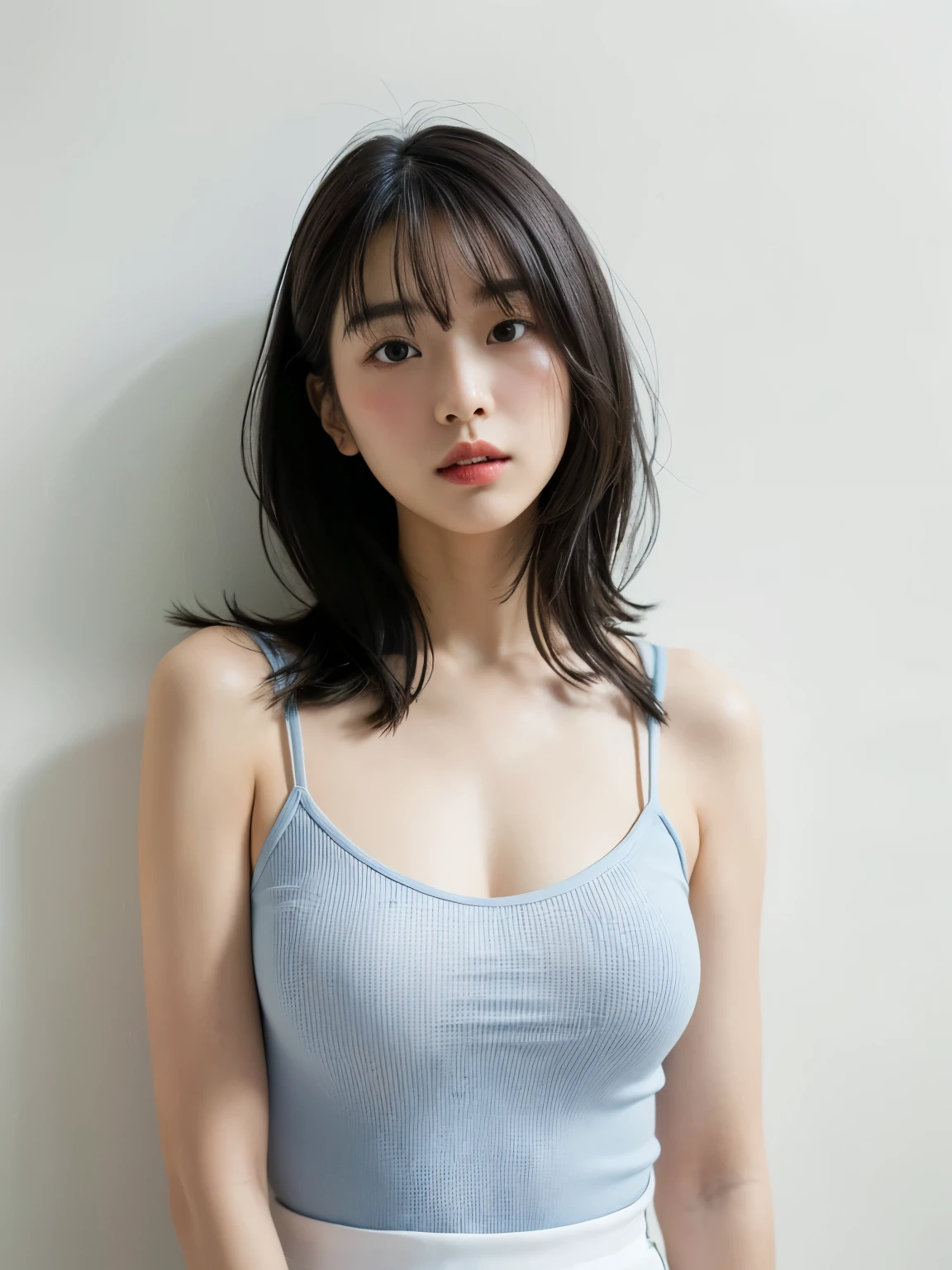 See-through tops、Big Breasts、camisole、(背景にWhite wall、Some of her hair is sky blue:1.4)、White wall、Taken in front of a white door、(窓のあるWhite wallの部屋)、((highest quality、8k、masterpiece:1.3))、Ultra-high resolution、(photoGenuineistic:1.4)、RAW Photos、Japanese,(Detailed aspect)、Genuine、Photographed in natural light、Highly detailed face and skin texture、Highly detailed lips、The correct state of the human body、Medium Hair、Black Hair、Various poses、Natural color lip